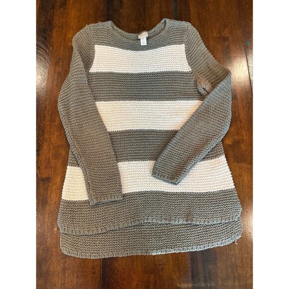 CHICOS Green White Striped Metallic Knit Color Block Sweater Size 1 Medium US 8 - Picture 2 of 8